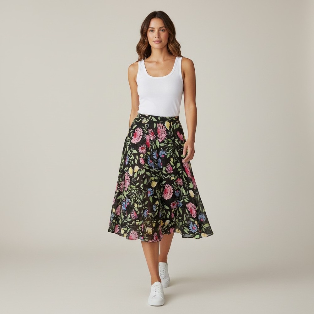 Liz Claiborne A-Line Black Midi Skirt Pink Yellow Blue Floral Pleated Bow Sz 14